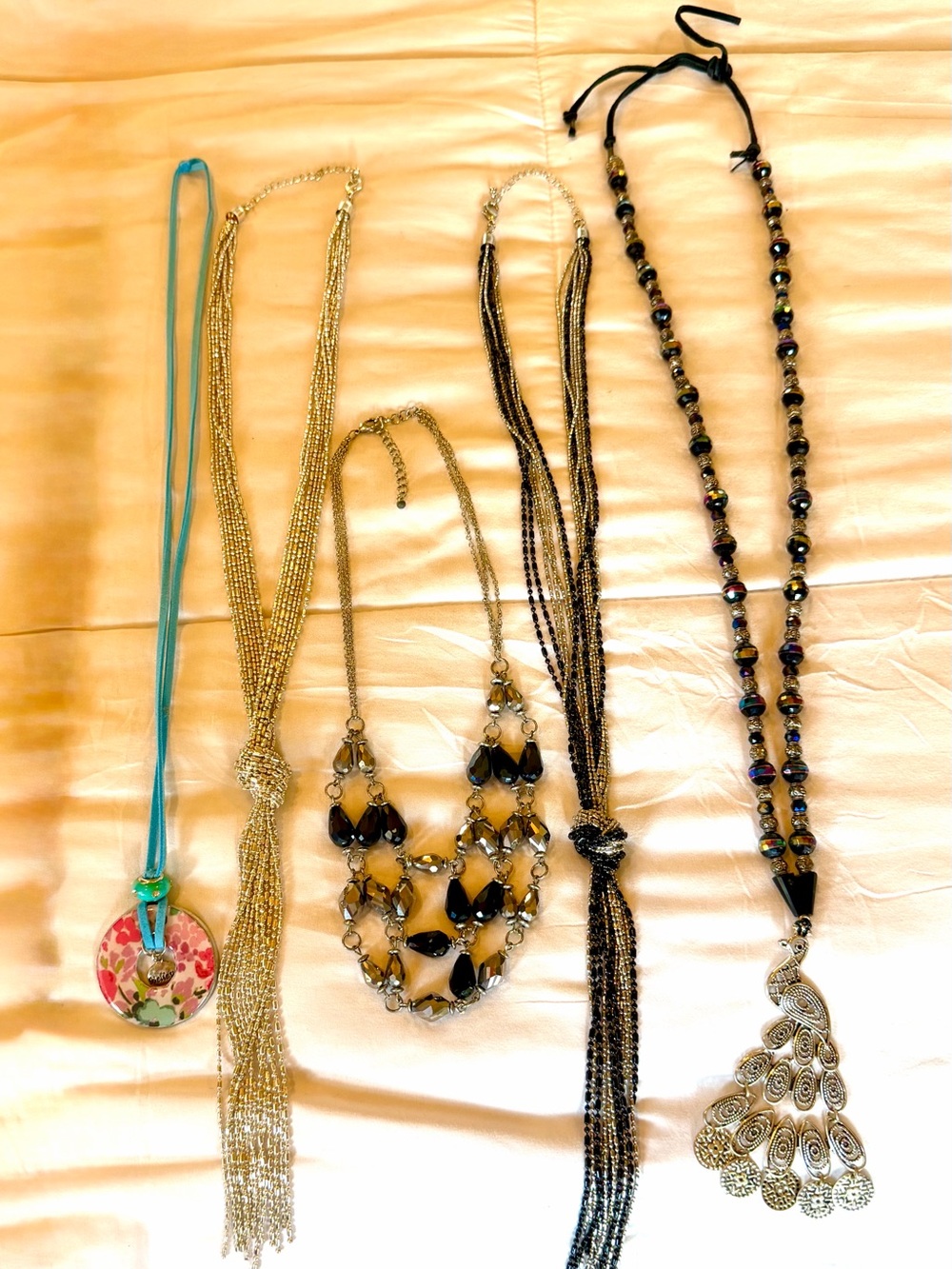 5 Multi-Strand Pendant Necklaces - Women Jewelry Black Silver Flowers Adjustable